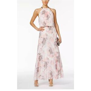 MSK Womans White, Pink and Grey Floral Print Halter,  Allover Pleated Maxi Dres,